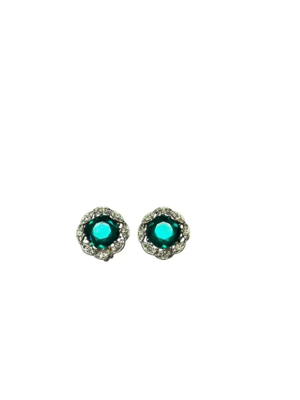 Vintage Clip On Earrings Silver Tone Green Glass Stone Rhinestone Halo